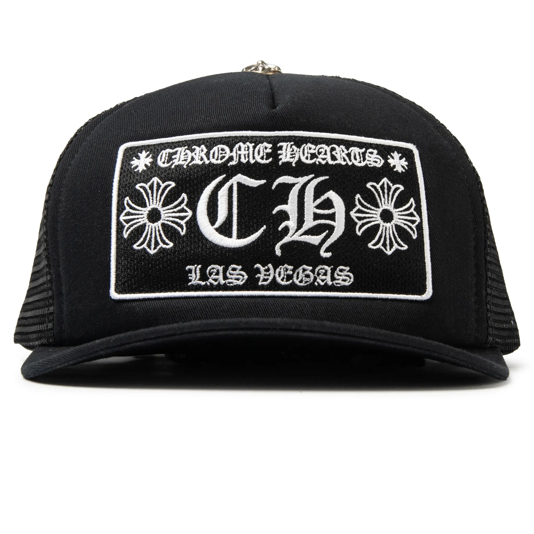 Front View of Chrome Hearts CH Las Vegas Black Trucker Cap 1383 100000701CLVT-BLAC